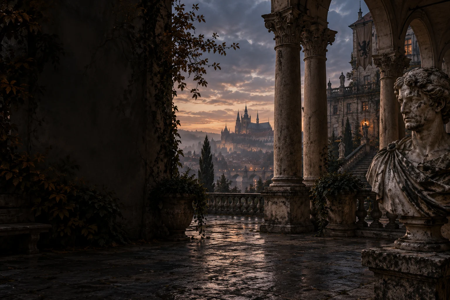 A weathered classical bust and Renaissance colonnade overlooking misty Bohemian rooftops at dusk